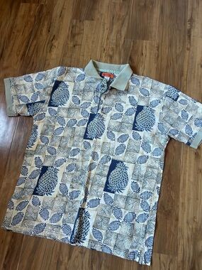 Men’s Pineapple Print Polo Shirt 100% Cotton Preppy Tropical Size Medium